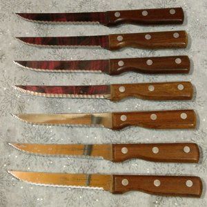 7 Tramontina Brazil Serrated Steak Knives Wood Handle 4.5" Blade